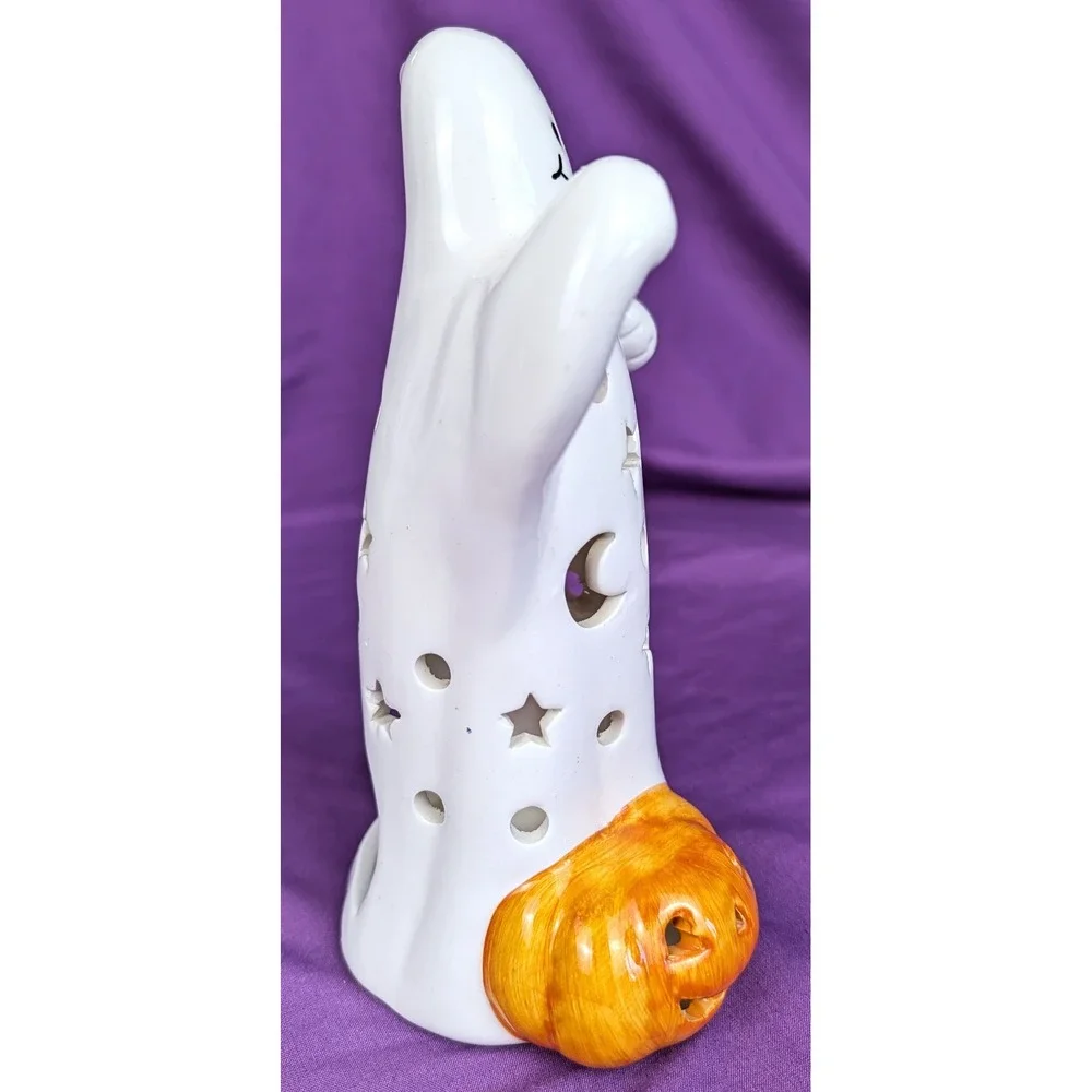 Vintage Ceramic Ghost Pumpkin Jack O Lantern Tea Light Holder Stars Moons